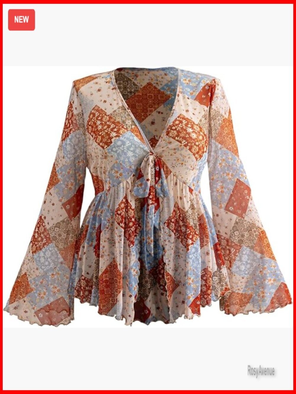 Women's Boho Bell Sleeve Peplum Top V-Neck Tribal Print Blouse